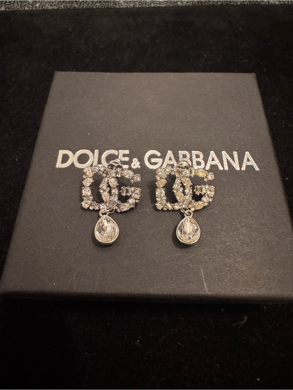 Dolce & Gabbana Silver Crystal DG Teardrop Logo Earrings
